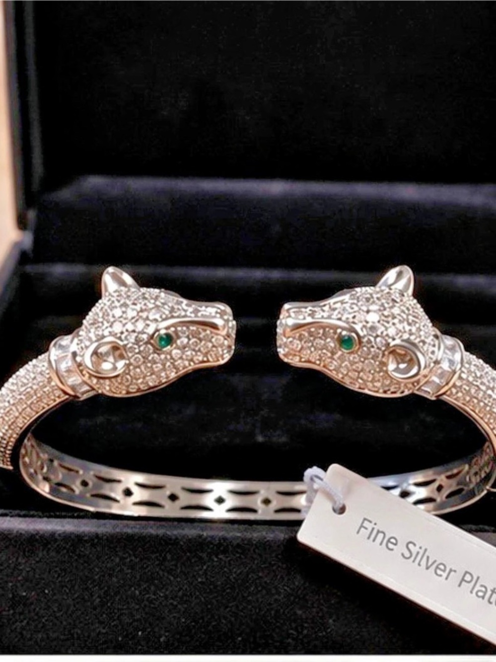 Silver Plated Panther Head Open Cuff Bracelet | Crystal Pave Statement Bangle |
